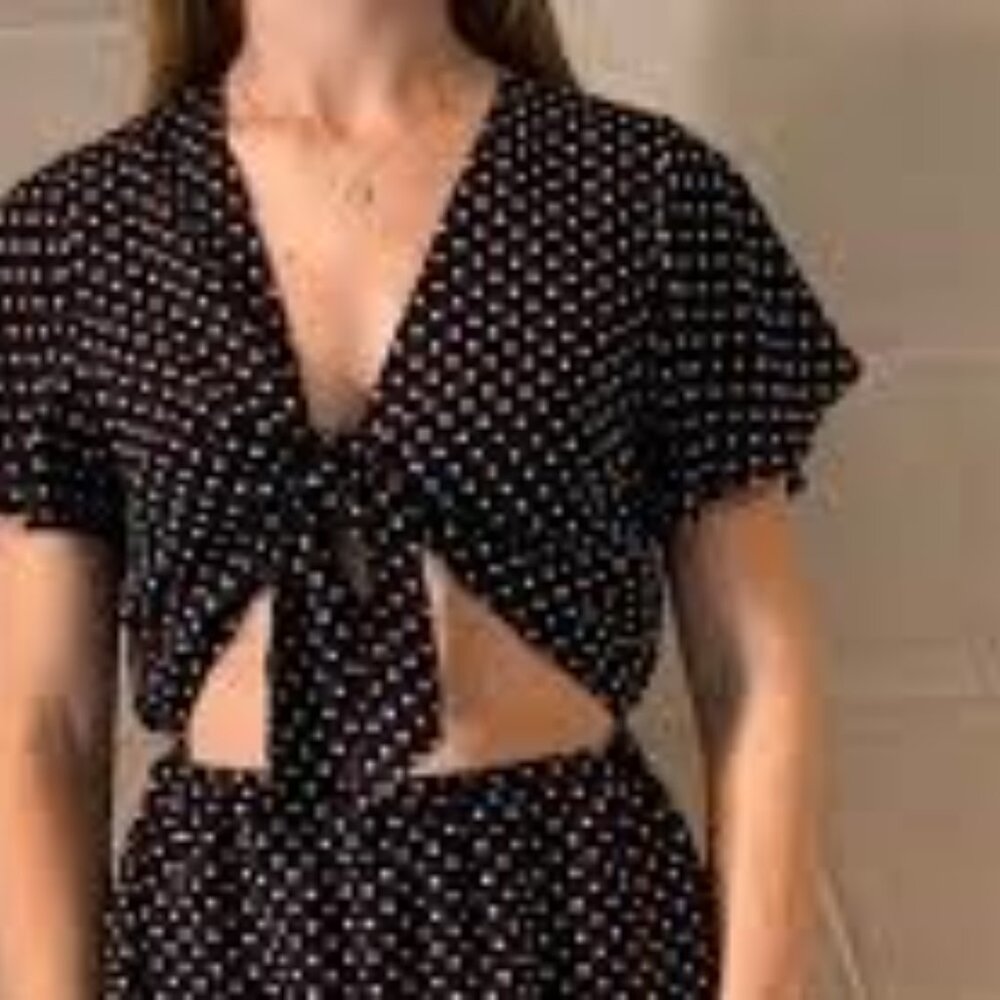 Navy Blue and White Polka Dot Top with Keyhole Belly Opening & Tye size M